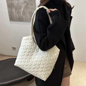 Quilted heart pattern puffer tote bag in cream white for women stylish casual shoulder bag