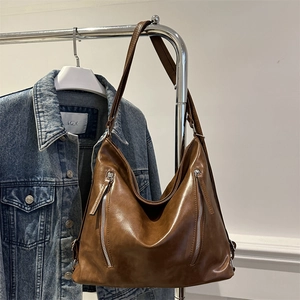 Women Vintage Large Capacity PU Leather Tote Bag Fashion Retro Hobo Shoulder Bag With Double Zipper For Office Daily Commuting