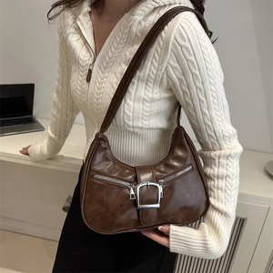 Vintage PU Leder Unterarm Schultertasche Für Damen Metallschnalle Reißverschluss Retro Hobo Umhängetasche Daily Fashion Handtasche