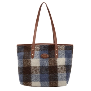 Large plaid wool tote bag with brown leather handles for winter fashion styling