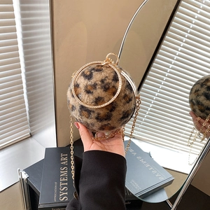 Women Leopard Print Faux Fur Spherical Evening Bag Luxury Rhinestone Round Handle Metal Chain Crossbody Handbag For Party