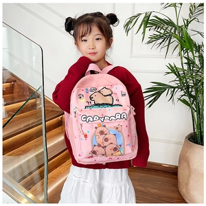 Rosa Capybara Canvas Rucksack für Kinder mit Netztasche und praktischem Reißverschluss