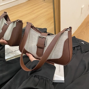Sac Sous le Bras Rétro Français pour Femmes Toile Cuir PU Épissé Boucle en Métal Croissant Sac à Bandoulière Navette Sac à Main