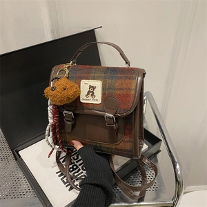 Vintage British Preppy Plaid Mini Backpack Women Girls PU Leather And Cloth School Travel Casual With Plush Pendant