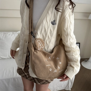 Retro khaki corduroy crescent shoulder bag with letter embroidery and round coin purse