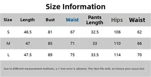 Detailed size chart for cotton crop top and shorts set showing S, M, and L dimensions