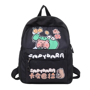 Schwarzer Capybara Cartoon-Rucksack für Schüler mit großem Fassungsvermögen und Mustern