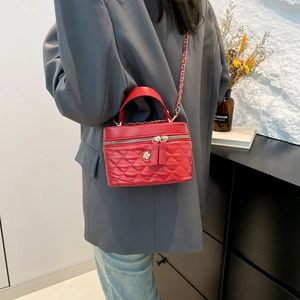 Mini red quilted vanity box bag with gold flower buckle and elegant chain strap