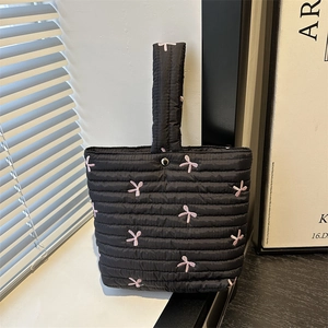 Women Quilted Nylon Handbag With Bow Ribbon Embroidery Quilted Tote Bag Small Handheld Bucket Bag Sweet Girly Fashion Bag