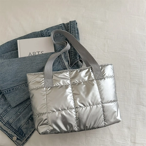 Sac Fourre-Tout Matelassé En Nylon Rembourré Métallique Brillant Grande Capacité Sac À Main Bandoulière Femme Décontracté