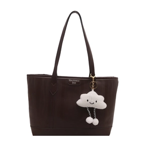 Large dark brown tote bag with vertical texture and cute cloud plush charm