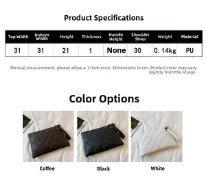 Detailed size chart and dimensions of the quilted PU leather envelope clutch bag