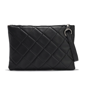 Classic black quilted clutch bag with diamond stitching and silver ring zipper pull