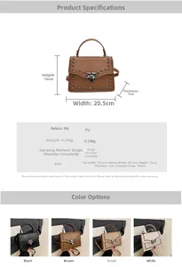 Detailed size chart and multi-color view of riveted PU crossbody bags with dimensions