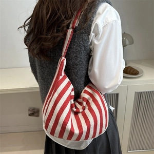 Striped Canvas Crossbody Bag Women Adjustable Strap Large Capacity Hobo Bag Japanese Simple Style Daily Travel Handbag