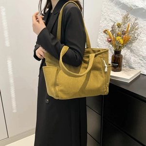 Large capacity mustard green corduroy tote bag with dual straps for shoulder and crossbody use