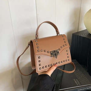 Women's Studded Shoulder Bag PU Leather Trendy Square Crossbody Bag With Chain And Lock Rivet Messenger Handbag For Daily Party