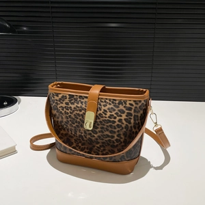 Vintage Leopardenmuster PU-Leder Eimertasche Für Damen Mode Umhängetasche Schultertasche Mit Metallschnalle Handtasche