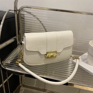 White faux leather crocodile pattern underarm bag with gold lock and metal chain strap
