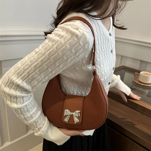 Sac à Épaule Plissé avec Nœud pour Femme Couleur Unie Cuir PU Sac Hobo Demi Lune Sac sous le bras Rétro