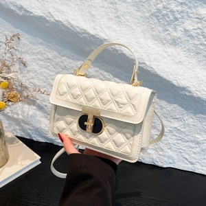 Vintage Quilted PU Leather Small Square Bag For Women Korean Fashion Top Handle Shoulder Bag With Metal Lock Crossbody Bag