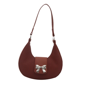 Reddish-brown half-moon shoulder bag with vertical pleats and silver bow buckle