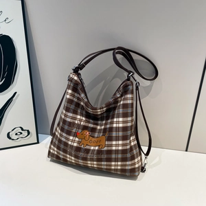 Sac à Épaule Vintage à Carreaux pour Femmes Sac Fourre-tout en Nylon Grande Capacité Broderie Teckel de Dessin Animé Sac à Main Décontracté