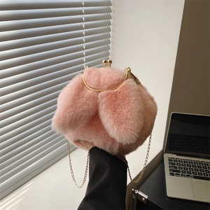 Sac À Bandoulière Mignon En Peluche Oreilles De Lapin Pour Femmes Sac À Main En Fausse Fourrure Avec Poignée Métallique Chaîne