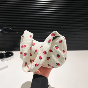 Sac Sous le Bras en Velours Côtelé Imprimé Fraises Mode Sac Croissant Hobo Rétro Doux Sac à Main Bandoulière Cabas Quotidien Décontracté