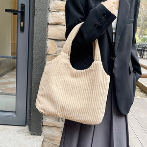 Women Large Capacity Corduroy Tote Bag Korean Minimalist Vertical Striped Shoulder Bag Retro Casual Shopping Handbag