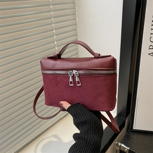 Women Minimalist Handbag PU Leather Suede Stitching Double Zipper Small Bucket Bag Fashion Casual Crossbody Shoulder Bag
