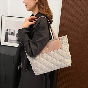 Women Large Capacity Quilted Rhombic Tote Bag Minimalist Nylon Shoulder Bag With Fashion Letter Decor Commuter Handbag