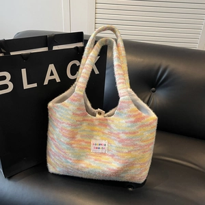 Damen Große Kapazität Gestrickte Tote Bag Japanischer Stil Macaron Farblock Flauschige Umhängetasche Gestreifte Mehrfarbige Lässige Handtasche Für Den Alltag Schule