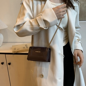 Brown square crossbody bag with gold chain strap worn over a stylish beige trench coat