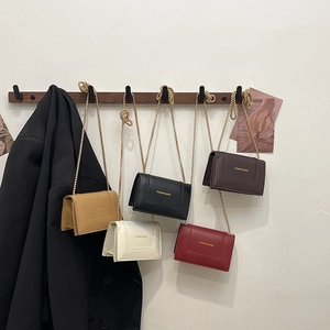 Mini leather crossbody bags with gold chains in khaki, black, white, red, and coffee colors