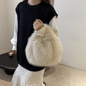 Women Faux Fur Handbag Fluffy Plush Tote Soft Minimalist Autumn Winter Streetwear Solid Color