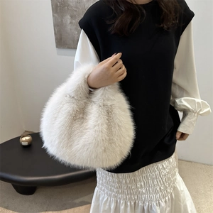 Elegant cream white faux fur handbag for women, fluffy handheld plush bag for autumn winter