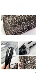 Detail of leopard print small square bag featuring lychee texture and silver magnetic clasp