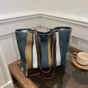 Women's Striped Canvas Tote Bag Large Capacity Shoulder Bag Casual Handbag With Synthetic Leather Straps For Daily Travel