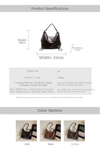 Detailed dimension guide and color options for large versatile PU leather tote backpack
