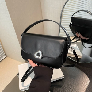 Black PU leather saddle bag with silver heart buckle shown in multiple angles