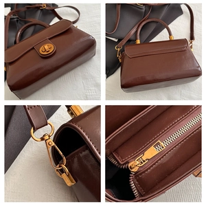 Détails du sac à main marron avec fermoir tournant doré et finitions zippées métalliques