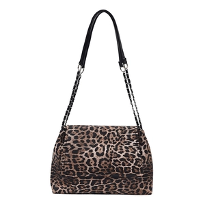 Fashionable leopard print shoulder bag with metal chain strap and trapezoid flap design