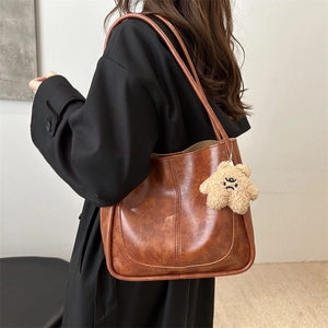 Grand sac cabas marron rétro avec pendentif ours en peluche et étoile pour le bureau