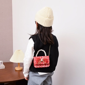 Borsa a Tracolla da Principessa per Ragazze in Tweed con Manico in Künstliche Perle Fiocco Nappina Strass Borsa a Mano Piccola Kids Mini
