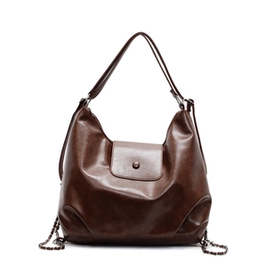 Retro deep brown large capacity tote bag with glossy finish and silver chain detail