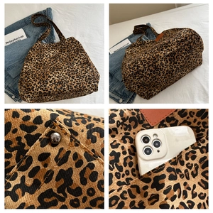 Detailed views of leopard print tote bag with internal pocket and magnetic closure