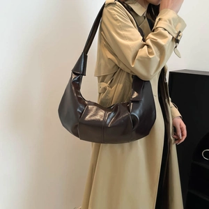 Retro chocolate brown polished leather crescent hobo bag for women in daily casual wear
