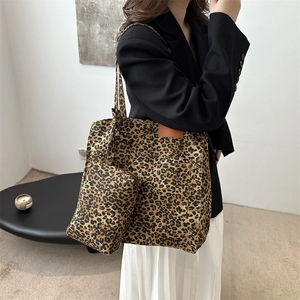 Large leopard print tote bag set with matching pouch for autumn minimalist style