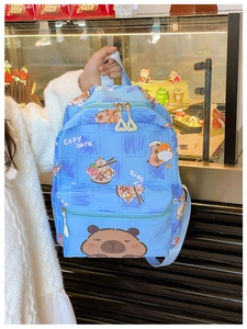 Close-up of lightweight light blue backpack featuring cartoon capybara prints and zipper